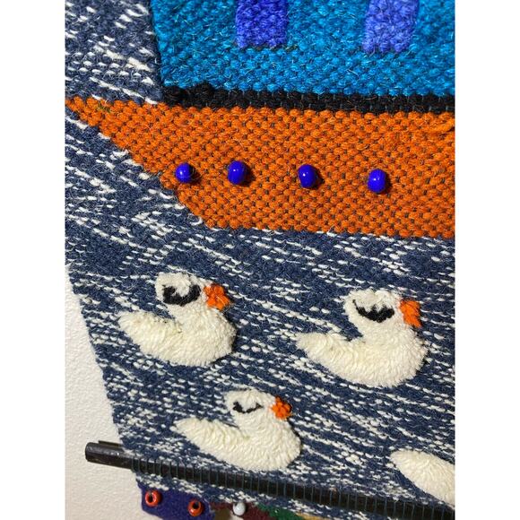 Hanging Wall Tapestry with House and Ducks Brown, Blue, Orange - Picture 5 of 8